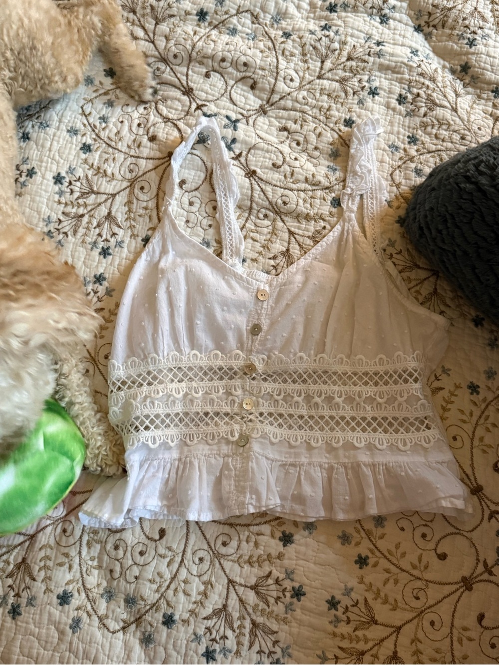 Marshalls White Lace-Trim Button Front Cropped Camisole